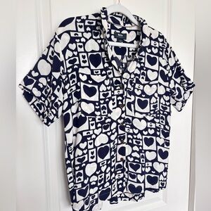 Anthropologie Maeve Heart Print Button Down Blouse Navy White Graphic Top XS